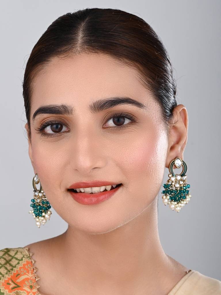 Gold-Plated Meenakari Stud Earrings With Kundan & Pearl Cluster Drops : S24FAER408TEA