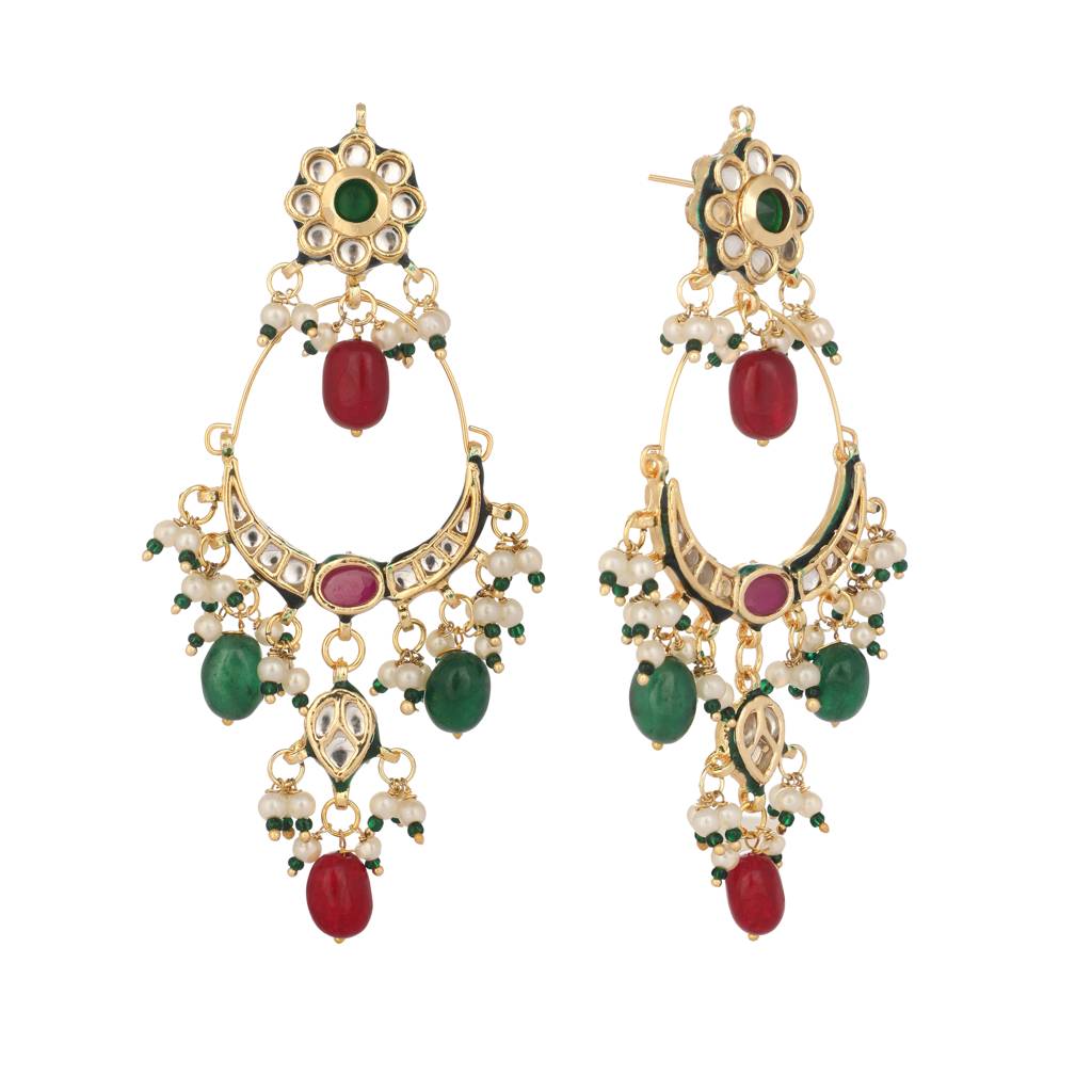 22K Gold Plated Crescent Kundan Drop Stone Chandbali Earrings : YI24A0465E