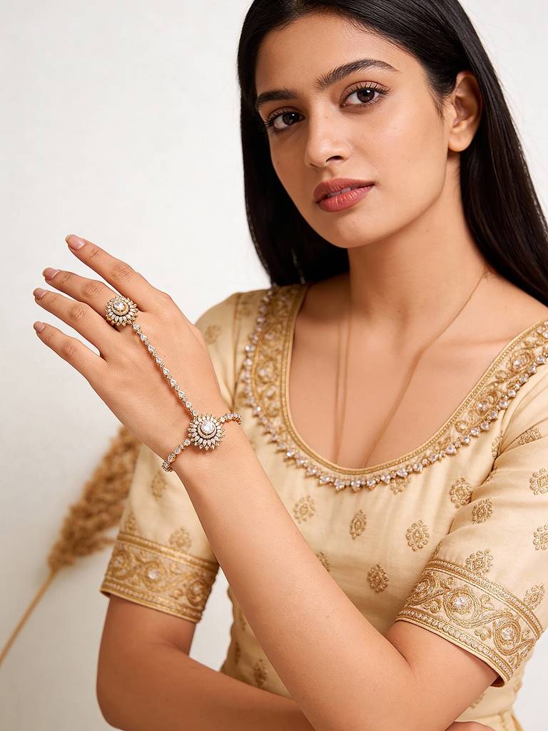 Gold Plated Ad Zircon Studded Wraparound Trendy Hathphool : SJHP2960