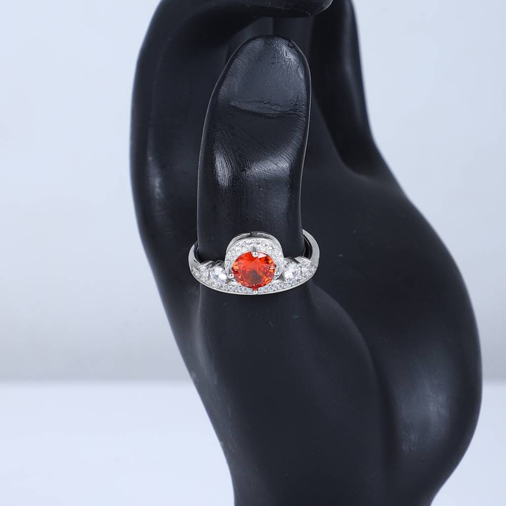 Women'S Fiery Orange Gemstone Ring – Halo Design With Sparkling Accents : RN-SL-10021-1-W