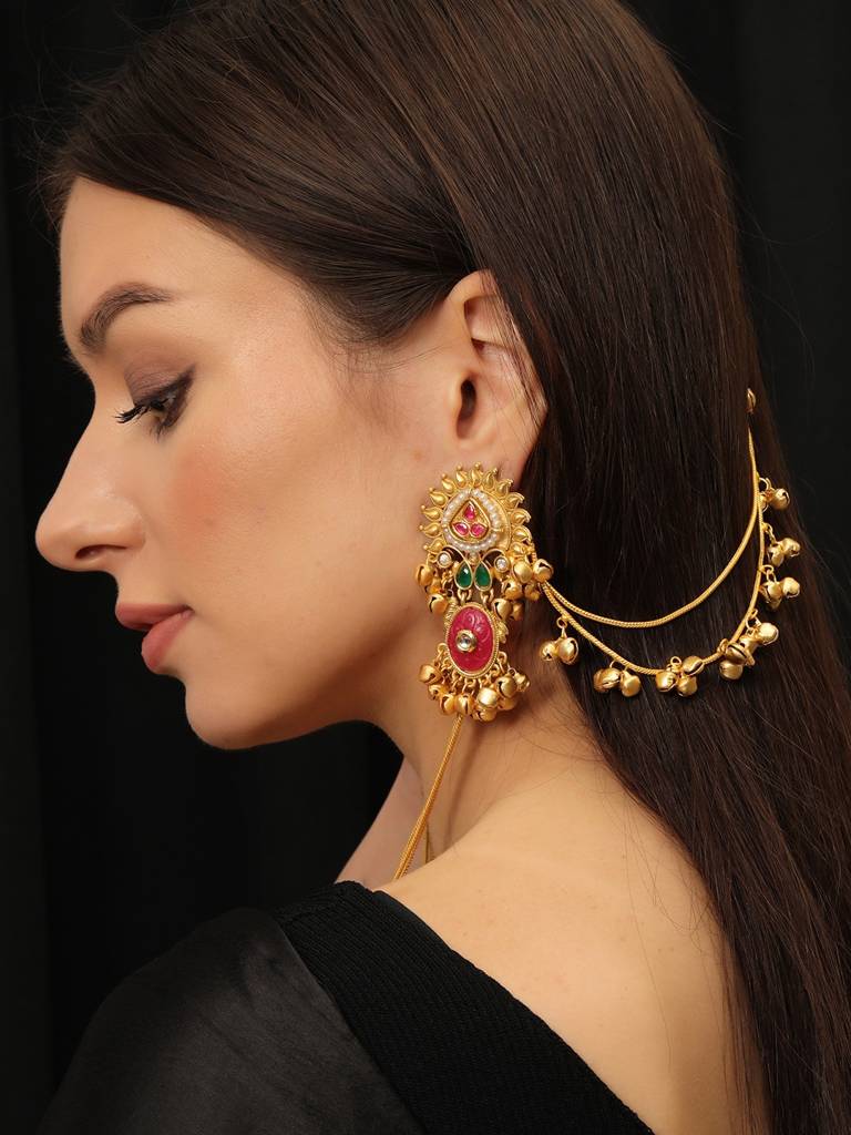 Premium Gold Plated Kundan Stone Studded Kashmiri Ear Chain Drop Earrings : VI25EROX100171
