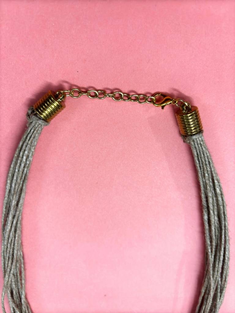 Brass And Jute Oxidised Gold Studded Crochet Necklace : VI26JSOX100054