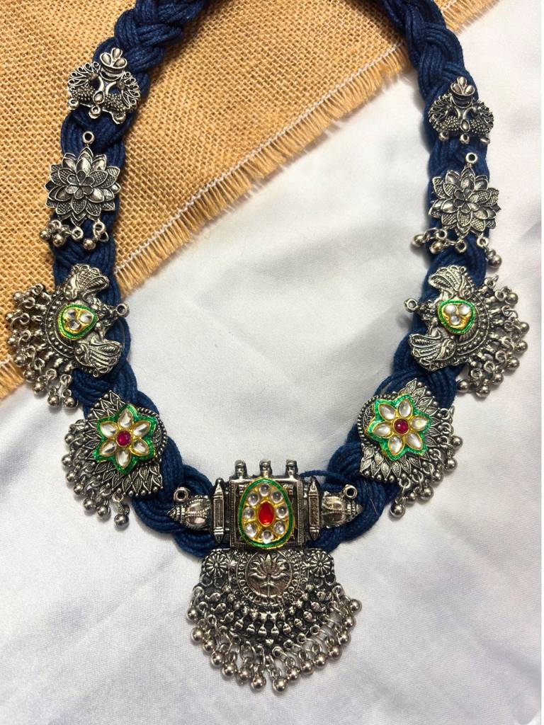 Oxidised Silver Plated Floral & Peacock Charm Bohemian Meenakari Jute Necklace : VI26NK0098