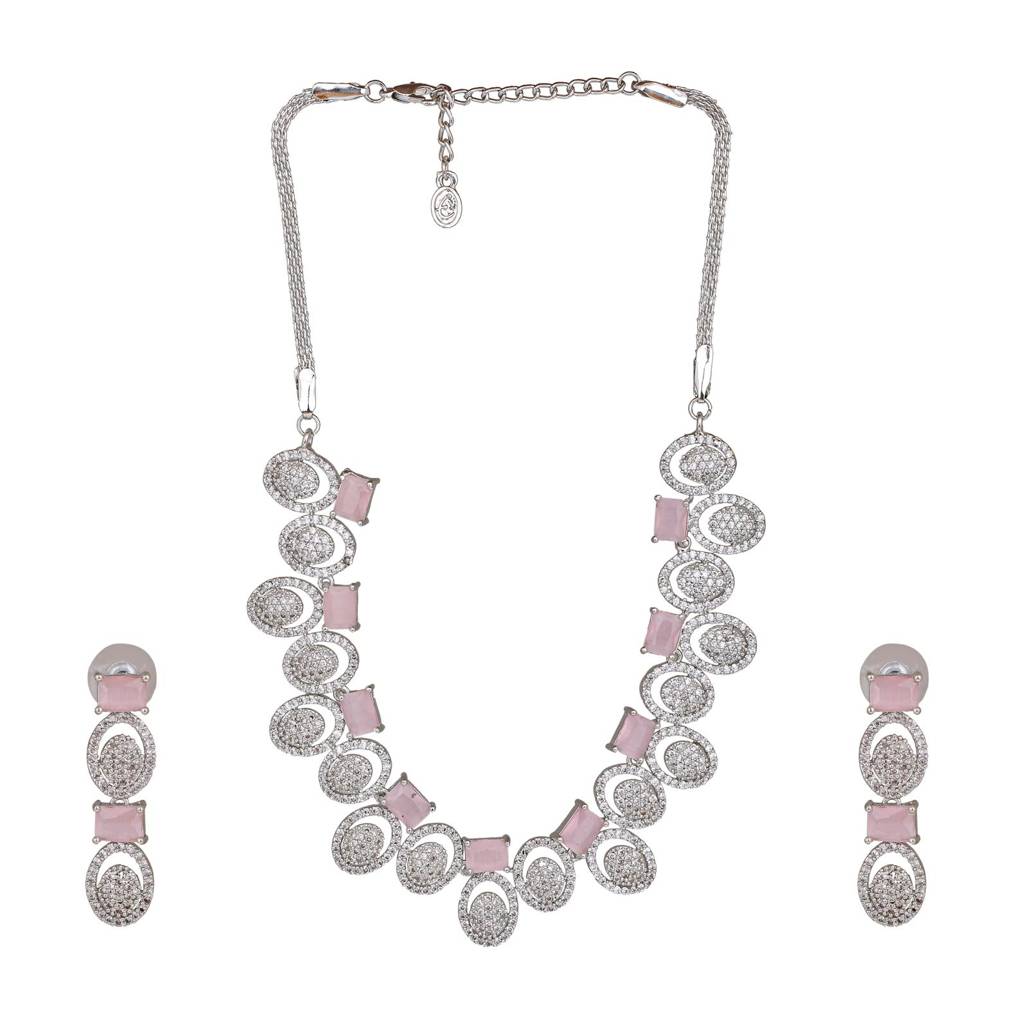 Estele Rhodium Plated Cz Elegant Necklace Set With Mint Pink Crystals For Women