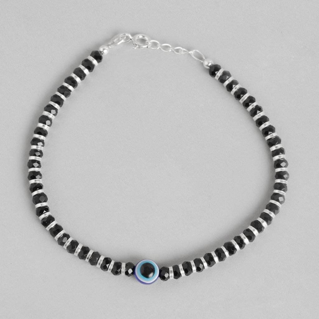 Black Beads With Evil Eye 925 Silver Bold Bracelet In Silver Chain : BR-80062