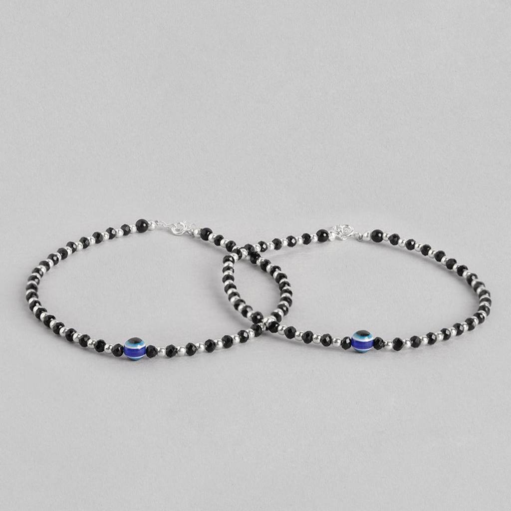 Evil Eye Black Beads 925 Sterling Silver Anklet : ANK-60102-PAIR