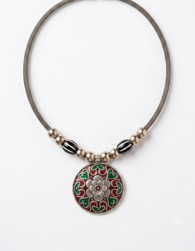 Meenal Oxidised Silver Enamel Mandala Torque Choker Necklace For Women : HM77