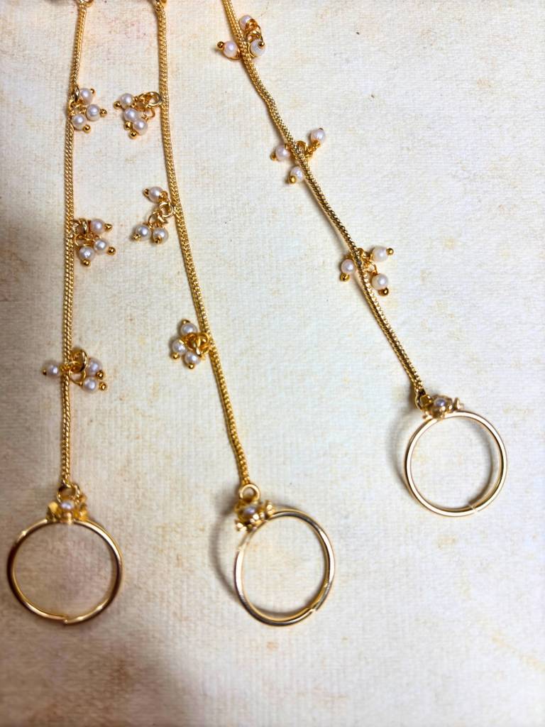 Set Of 2 Gold-Plated Pearls Studded Ghungaroo Hath Phool Kashmiri Ring Bracelet Set : VI26BC100096