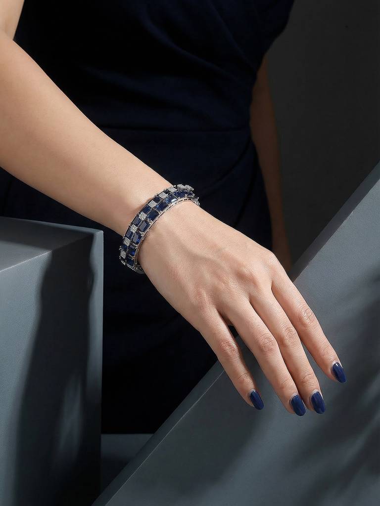 Silver Plated Blue Zircon Minimal Luxe Bridal Kada Bracelet : SJBR2929