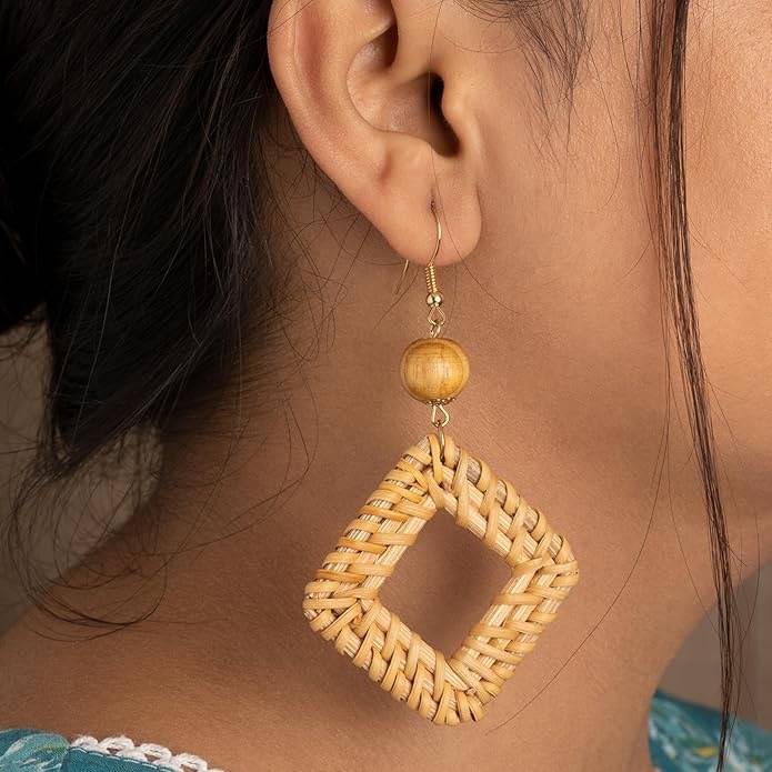 Artificial Beaded Boho Rattan Wooden Square Drop Earrings : HSPS60MB0537