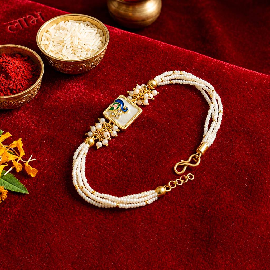 Artklim Royal Peacock Bhaiya Bhabhi Rakhi Set With Pearl Clusters : HSPS60MB1954