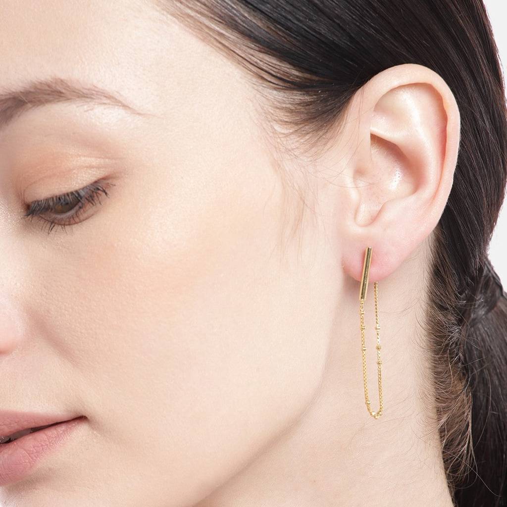 Golden Cascade 925 Sterling Silver Stud Earrings With Drop Chain Look : EAR-20424