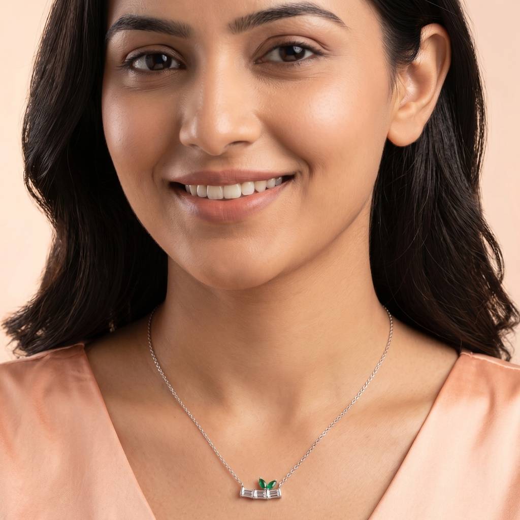 925 Pure Silver Emerald Leaf Baguette Chain  Pendant : CP1146