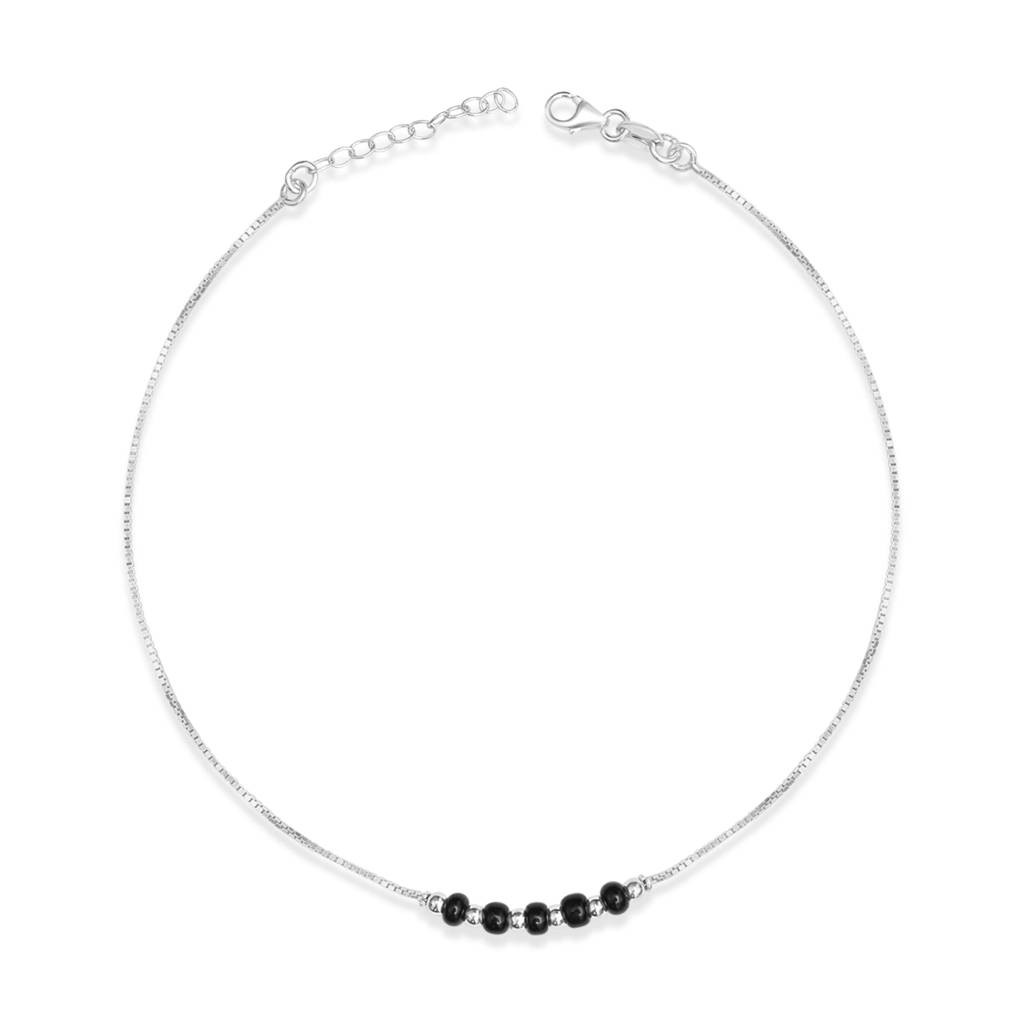Minimal Beaded Rhodium Plated 925 Sterling Silver Anklet : ANK-60398-PAIR-R
