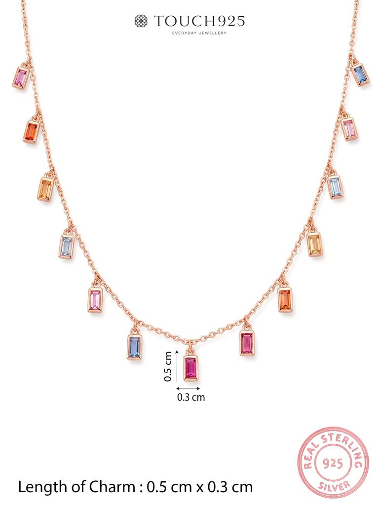 925 Silver Necklace With Multicolor Baguette Cubic Zirconia Drops. A Refined Silver Necklace For Women Designed To  : DXNC1909
