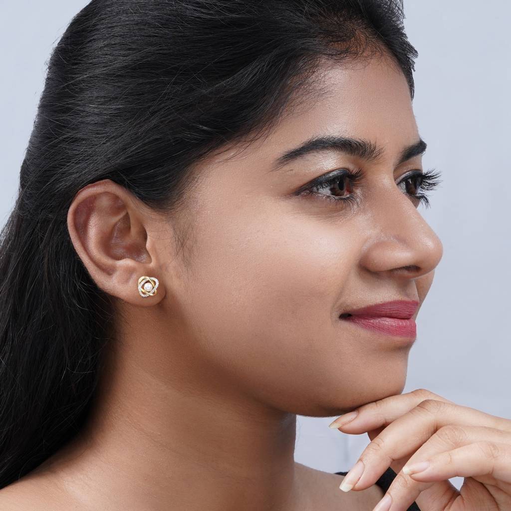 Golden Orbit Pearl & Zircon Stud Earrings : TRSRDJ0188Gold