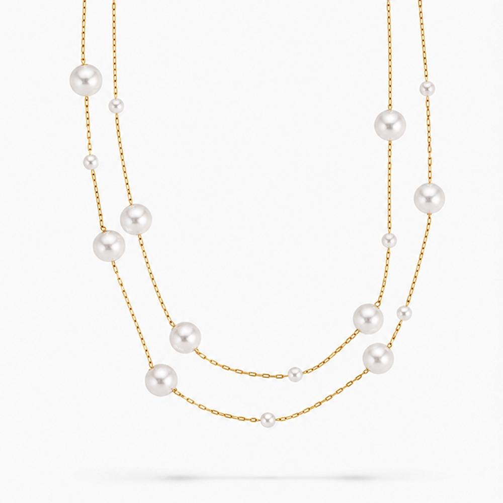 Women 18K Gold-Plated White Pearl-Studded Double-Strand Layered Station Necklace : 100787