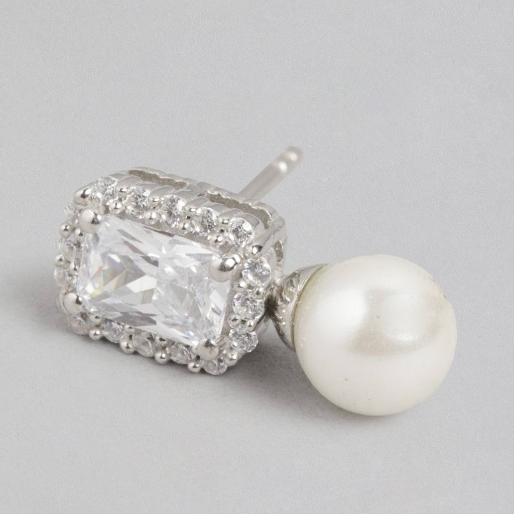 Pearlescent Radiance Rhodium-Plated Cz & Freshwater Pearl Drop Earrings : EAR-20454-R