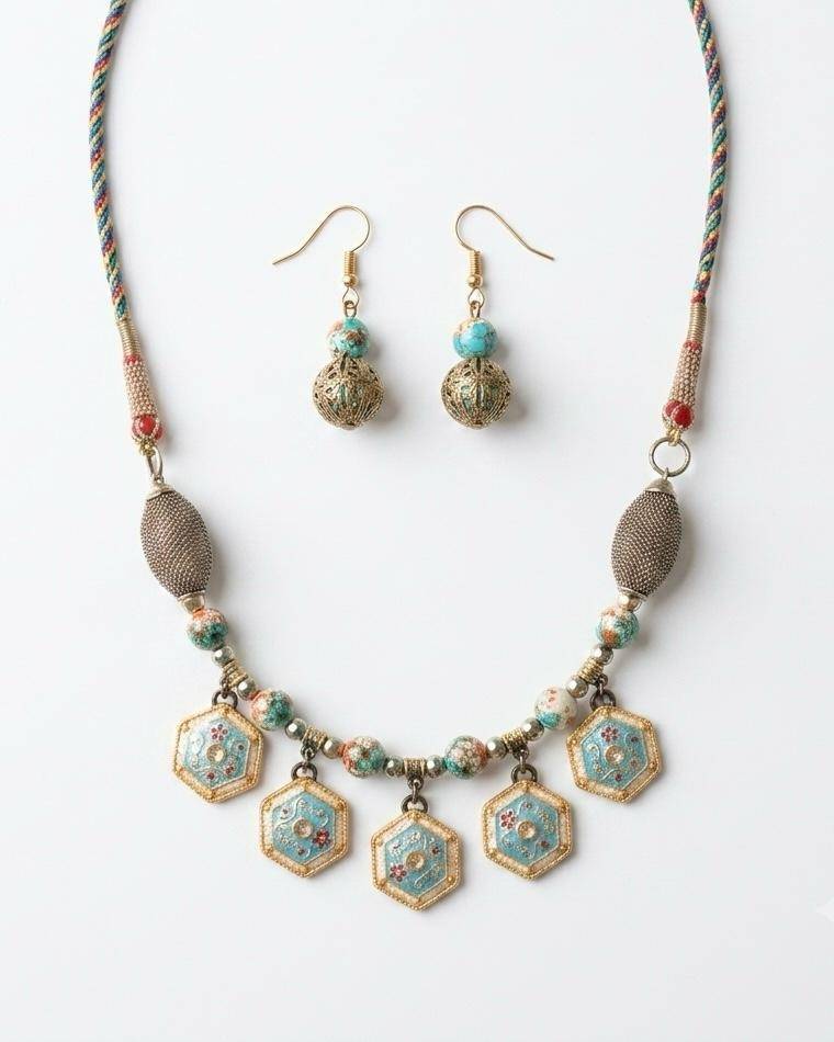 Firoza Turquoise Hexagon Banjara Tribal Necklace Set For Women : HM78