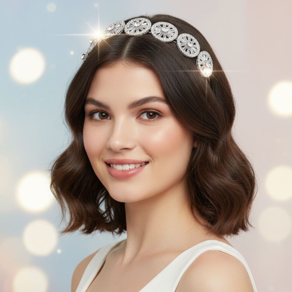 Silver Crystal Headband - Sparkling Wheel Design Tiara For Wedding, Bridal, And Party Wear - Elegant Hair Ac : M4SK-HB-ABIMANU