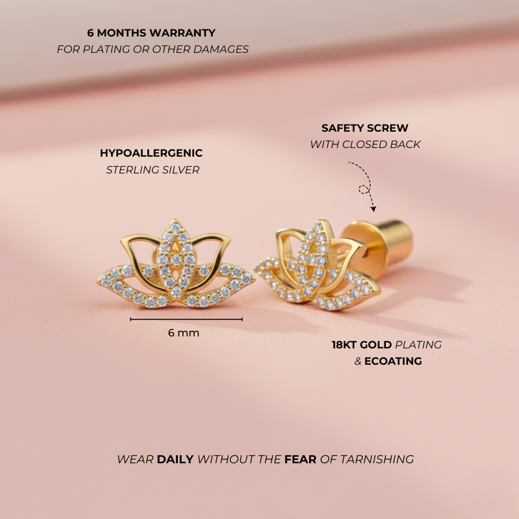 925 Silver Radiant Lotus Bloom Studs : A1126GoldenLotusearringsScrewBack