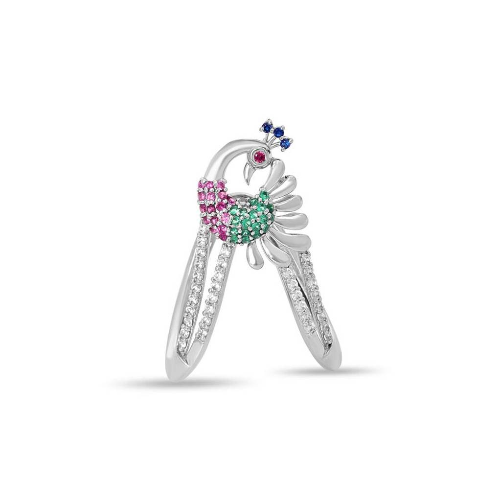 Regal Peacock Multi-Cz Rhodium-Plated 925 Sterling Silver Ring : RNG-40374-R