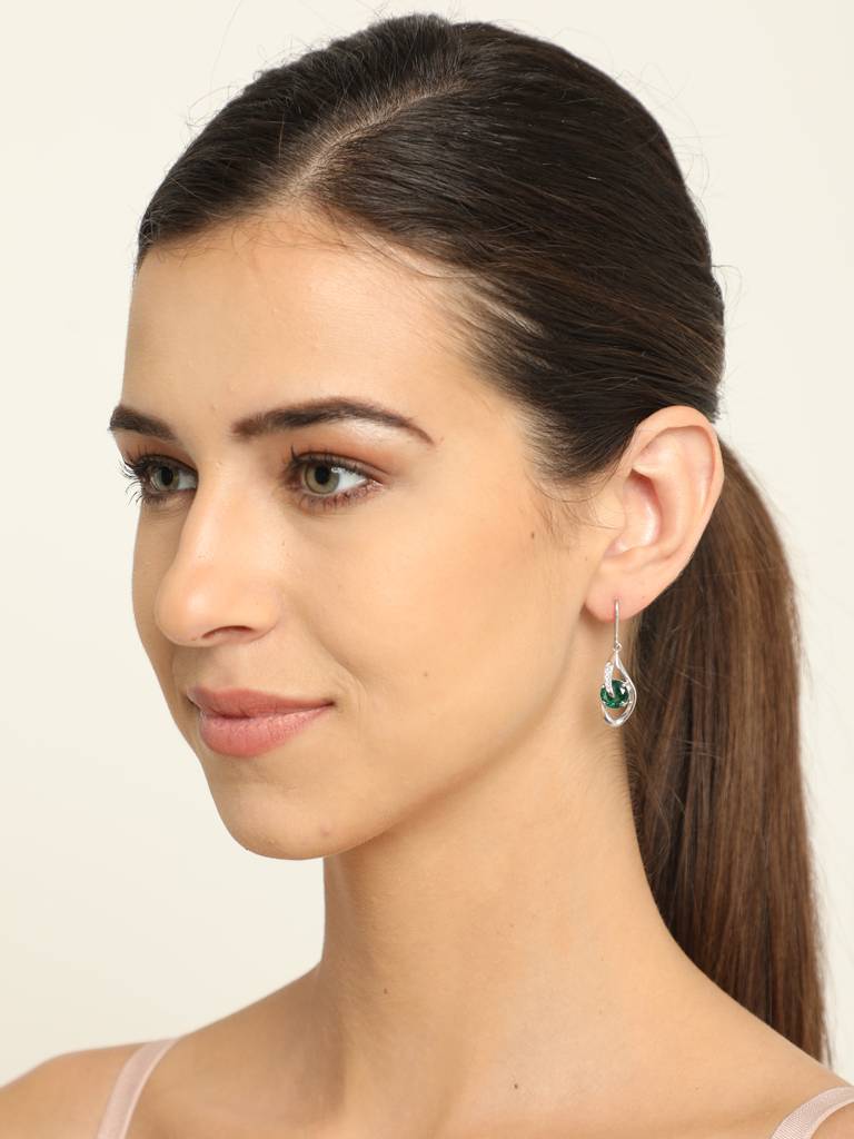 92.5 Sterling Silver Rhodium Plated Swiss Zirconia Dark Green Eye Dangler Earrings Gift For Women & Girls : CSCLRE3RD_EM
