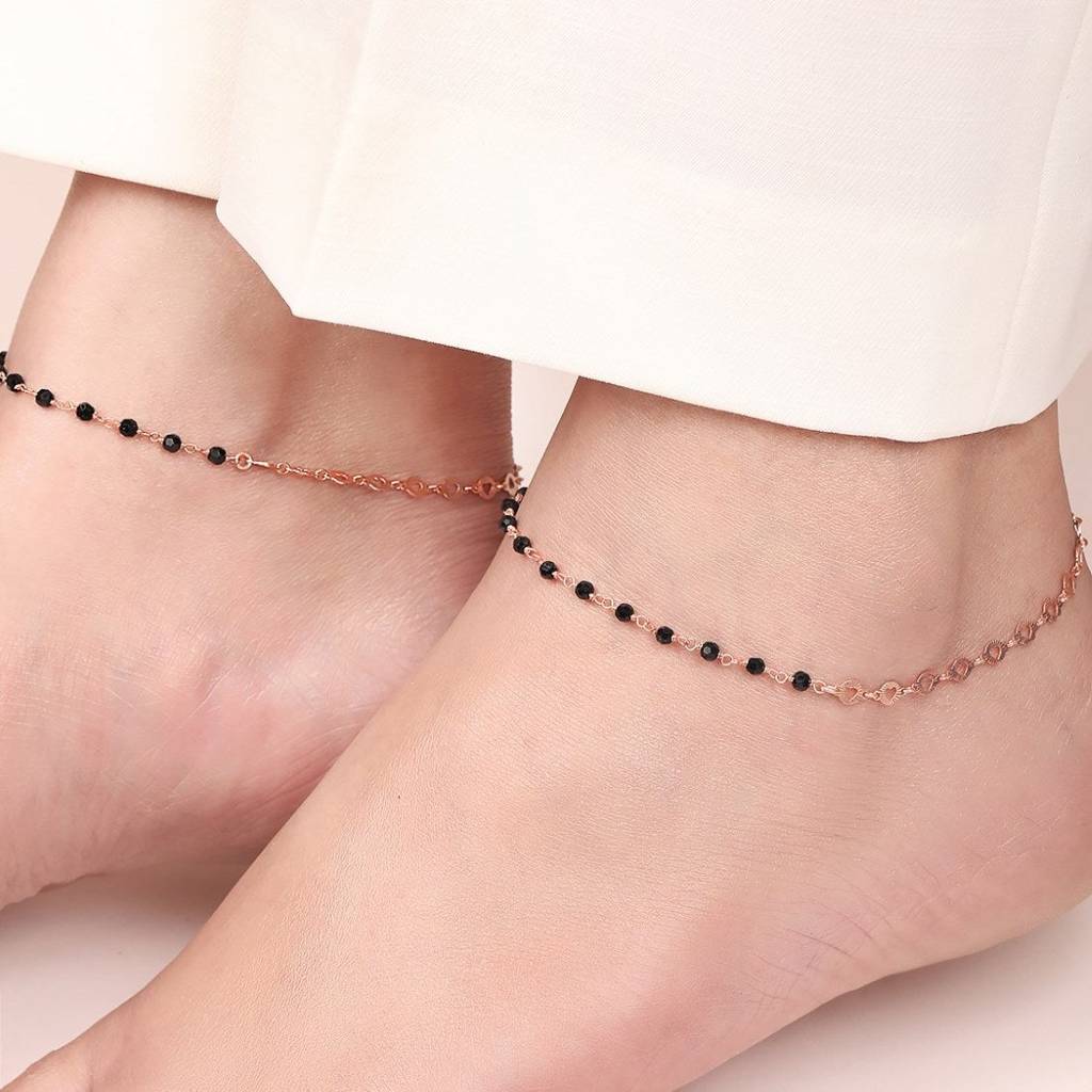 Rose Gold Radiance Beaded Chain Anklet In 925 Sterling Silver : ANK-60272-PAIR