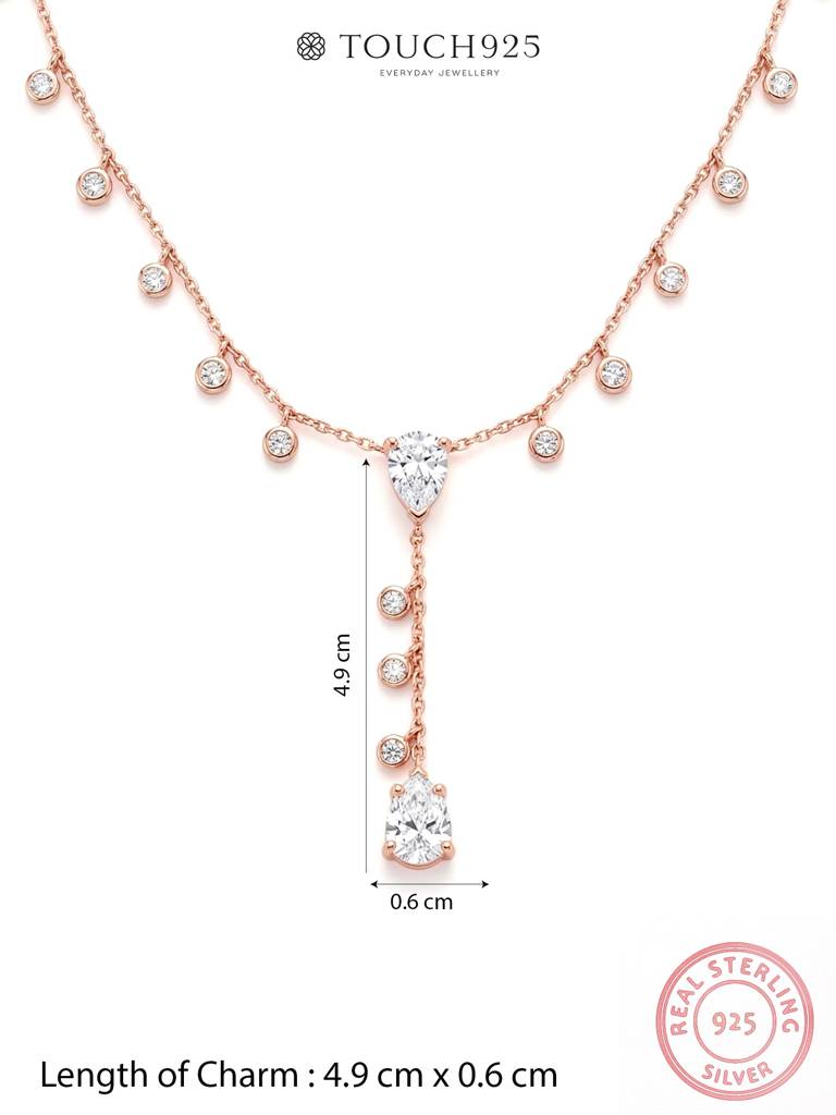 925 Silver Lariat Design With Cz Drop Accents—An Elegant Silver Necklace For Women That Highlights The Neckline Wit : EBNC2003