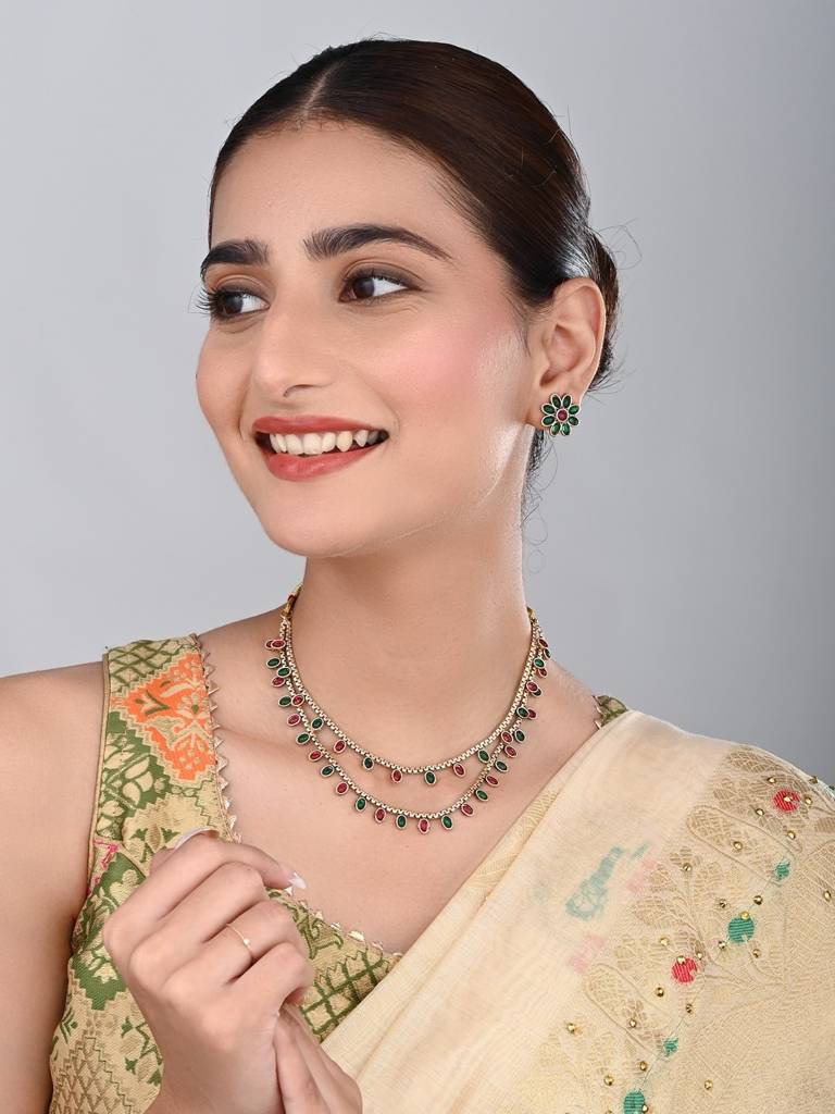 Gold Plated Delicate Double Layered Necklace Set : S24MRNKS485MLT