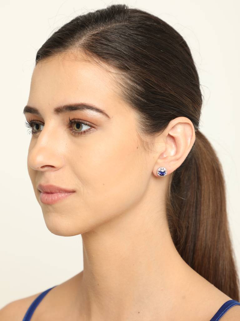 92.5 Sterling Silver Rhodium Plated Swiss Zirconia Royal Blue Cushion Stud Earrings With Screw Back Gift For Wo : CSCLRE2CU_BS