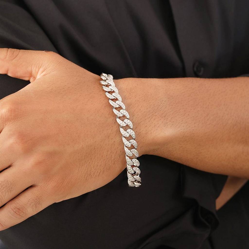 Blinged Out Cuban Link Rhodium Plated 925 Sterling Silver Men'S Bracelet : BR-80399-R