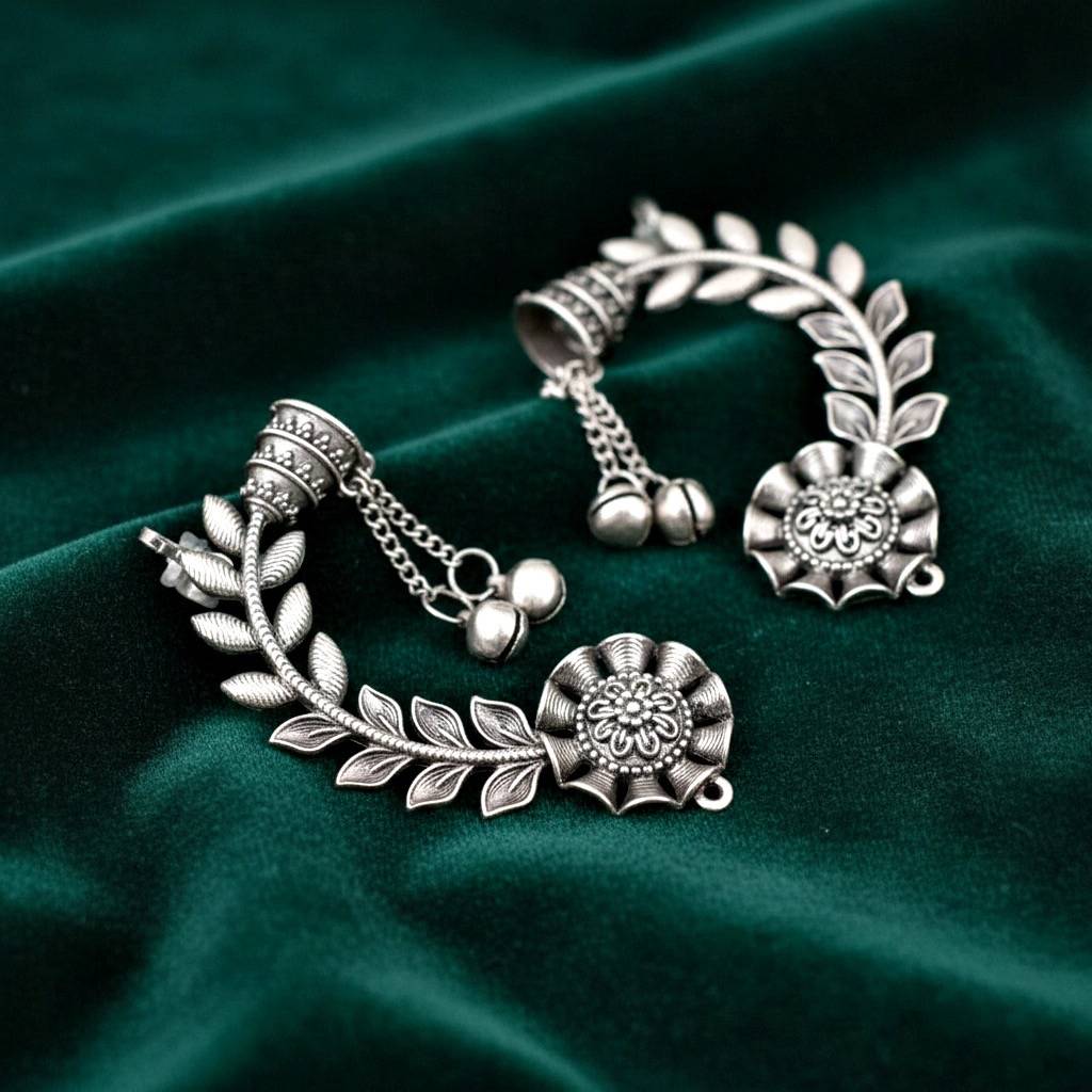 Oxidised Silver Leaf Floral Ear Cuff With Ghungroo Chain Drop Earrings : 258-KK2O-10668
