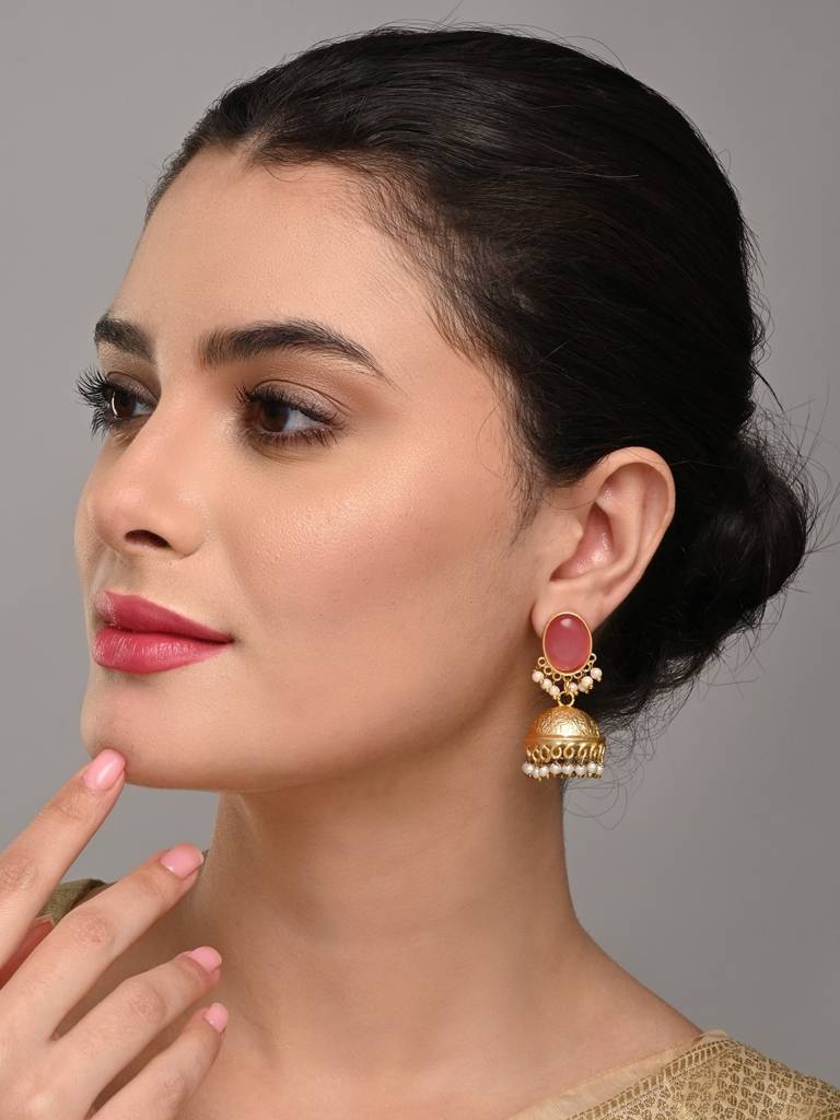 Gold Finish Pearl Dome Jhumka Earrings : S24JJER211PNK
