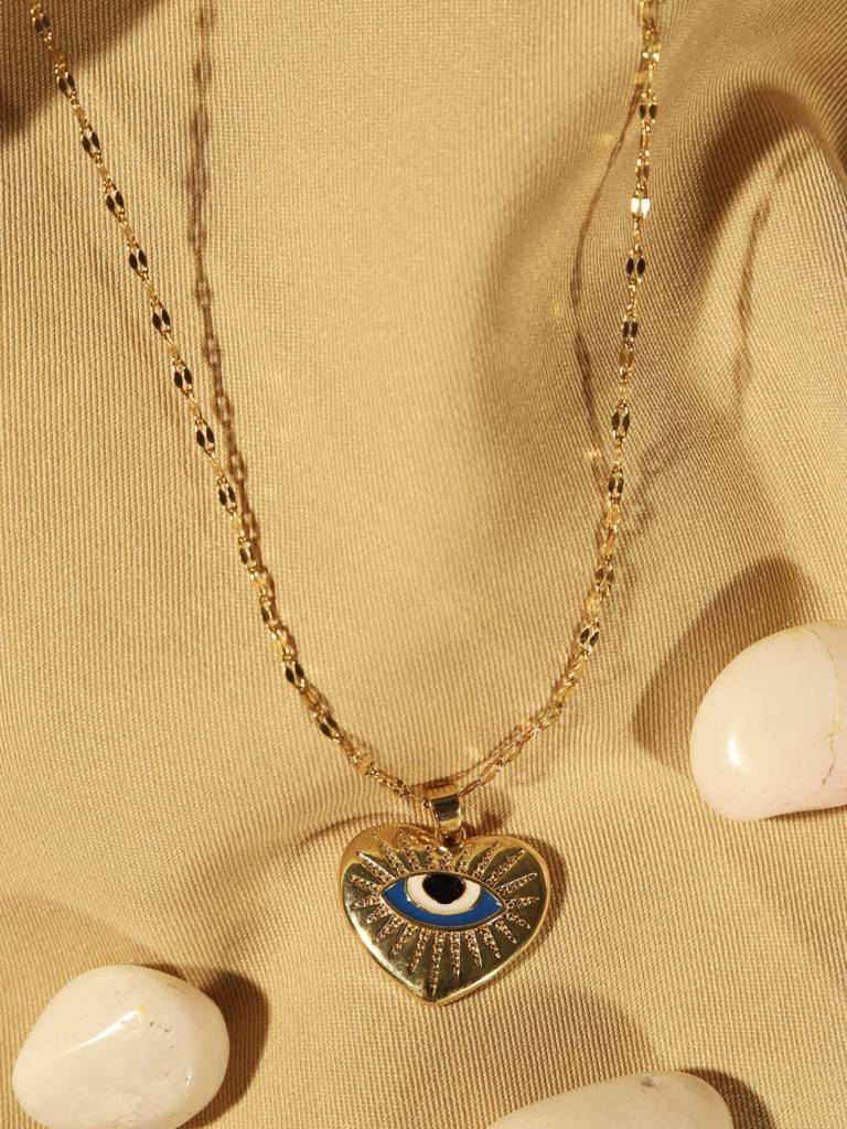 Evil Eye Heart Pendant Necklace In 14K Gold Plated Stainless Steel | Anti-Tarnish Cz Chain For Women : ATC567EEBPC
