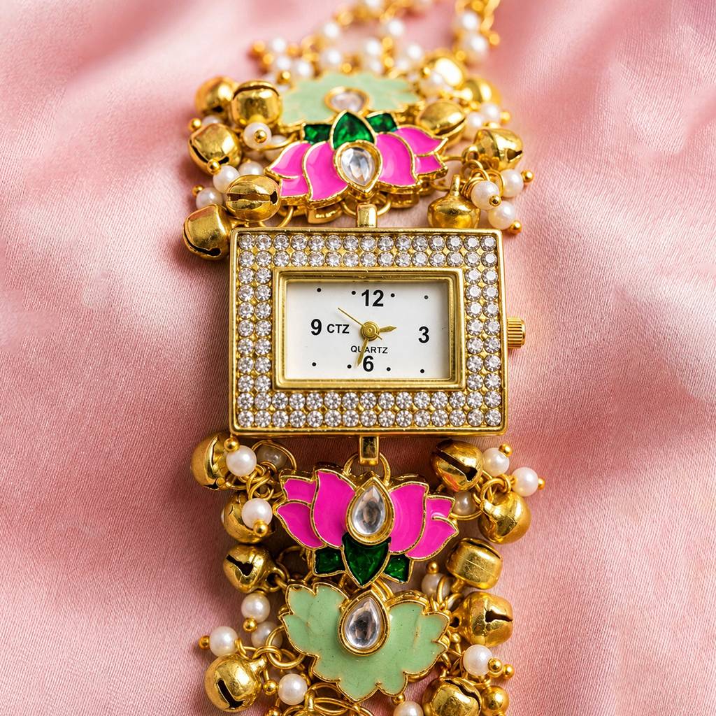 Pink & Mint Floral Bracelet Watch With Crystal Dial & Adjustable Chain : JW-HSPS60MB2258