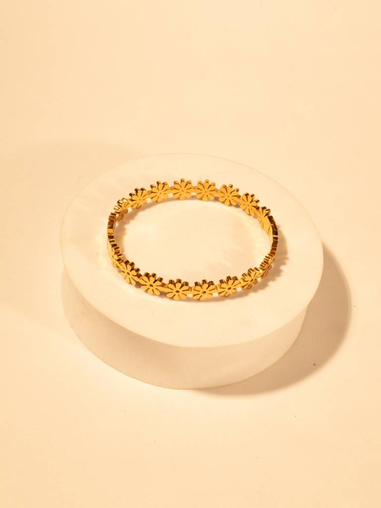 Gold Floral Studded Bangle Bracelet For Women Â 316L Stainless Steel With Cubic Zirconia Stones | Ethnic Press-L : ATB539FSB