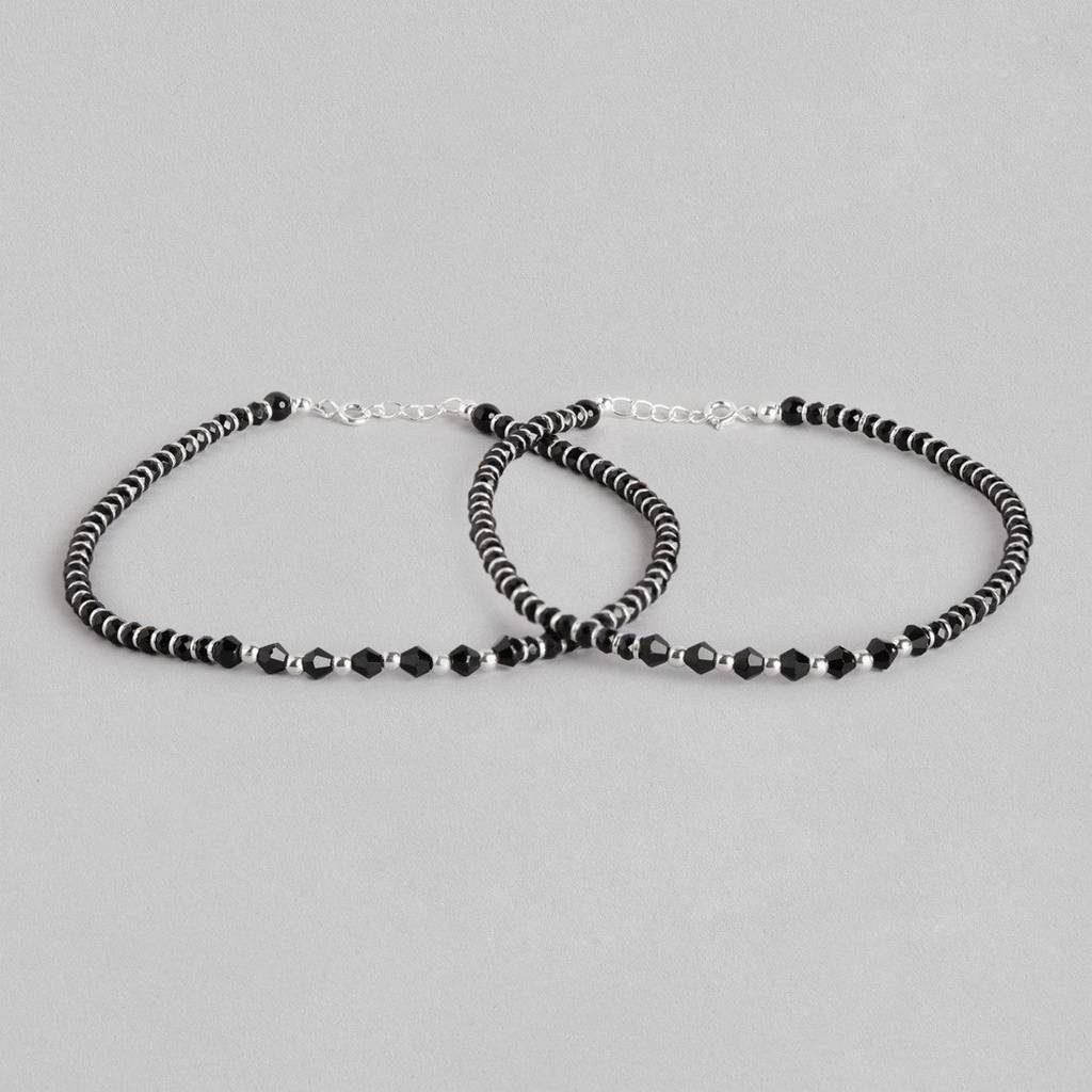 Black & White Beaded Stone 925 Sterling Silver Anklet : ANK-60085-PAIR
