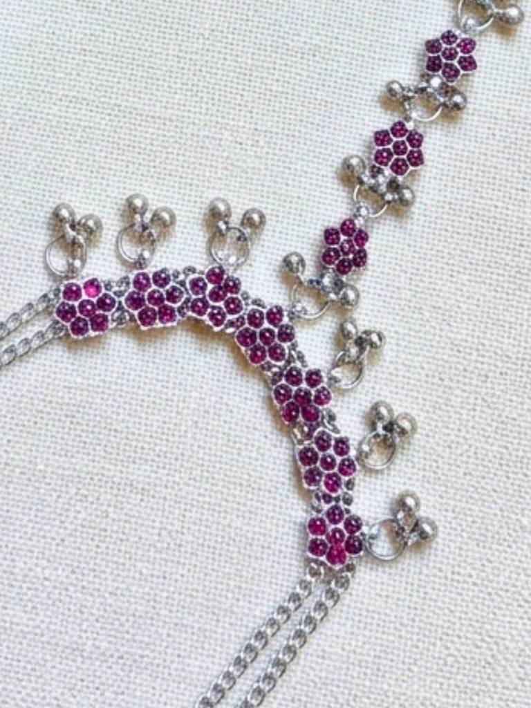 Women Silver-Plated Pink Kundan Stone-Studded Floral Anklet With Toe Ring : VI26ANK10001