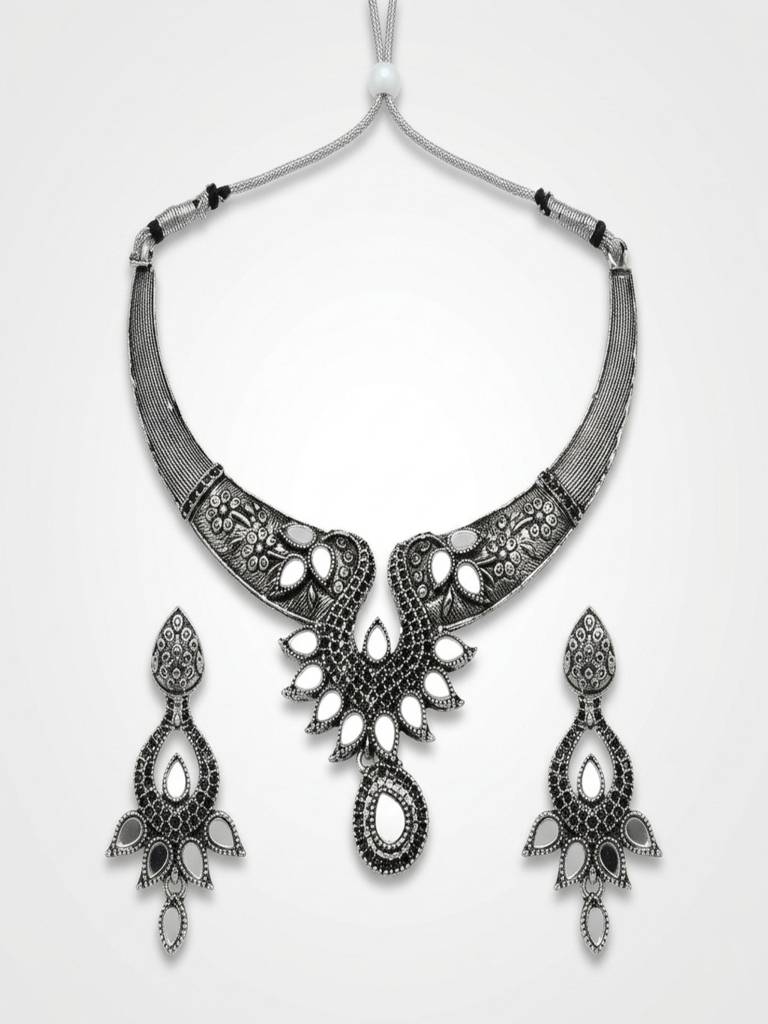 Oxidized Alloy Metal Statement Necklace Set With Matching Earrings With Maang Tikha Handcrafted Fashion Jewelry W : SHBOMNS315