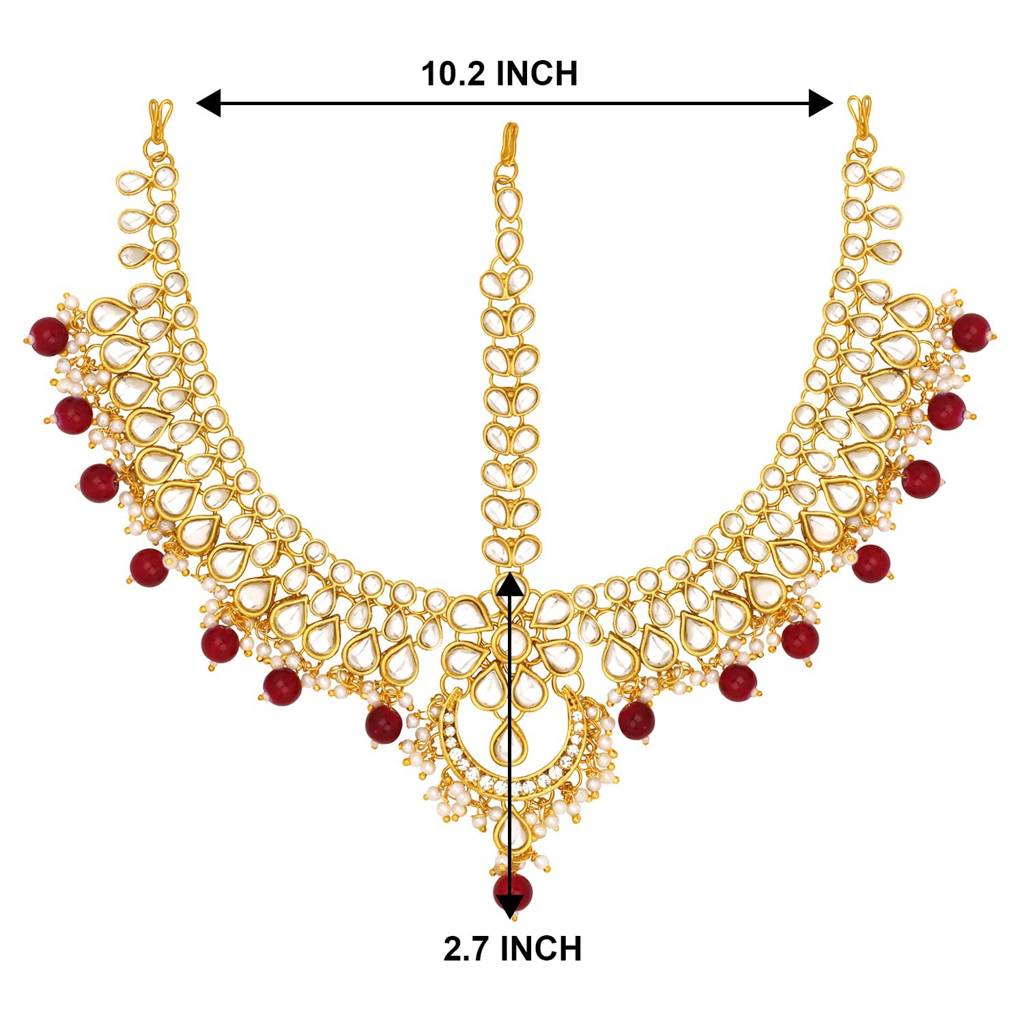 Peora Traditional Gold Plated Red Kundan Pearl Maang Tikka Matha Patti For Women Girls - Valentines Gift For Her : PF28TK304M