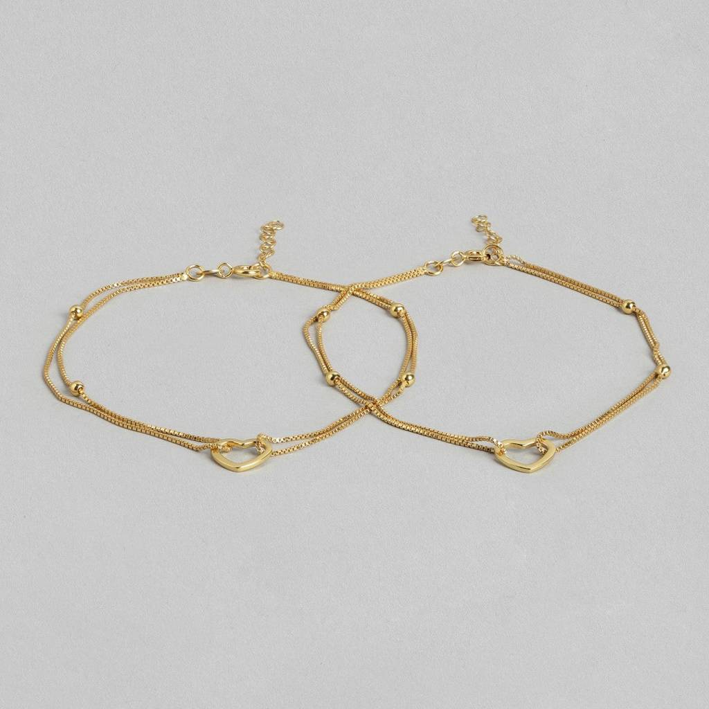 Dainty Silver Heart Gold Plated 925 Silver Anklets : ANK-60174-PAIR