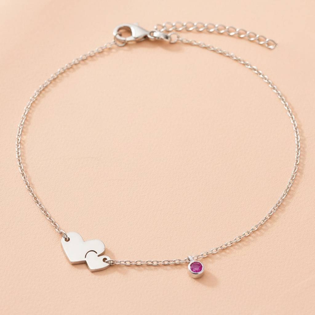 The Amour Bond Double Heart & Amethyst-Hued Silver Anklet : AK1136