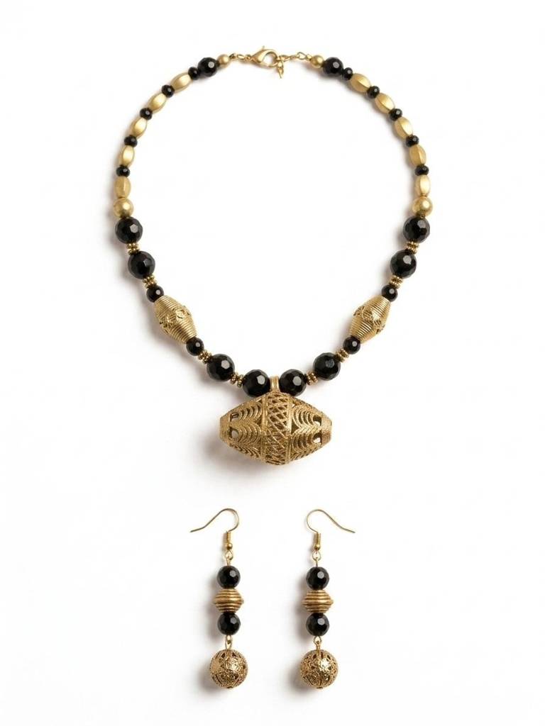 Kaveri Black Onyx Dhokra Brass Pendant Tribal Necklace Set For Women : HM86