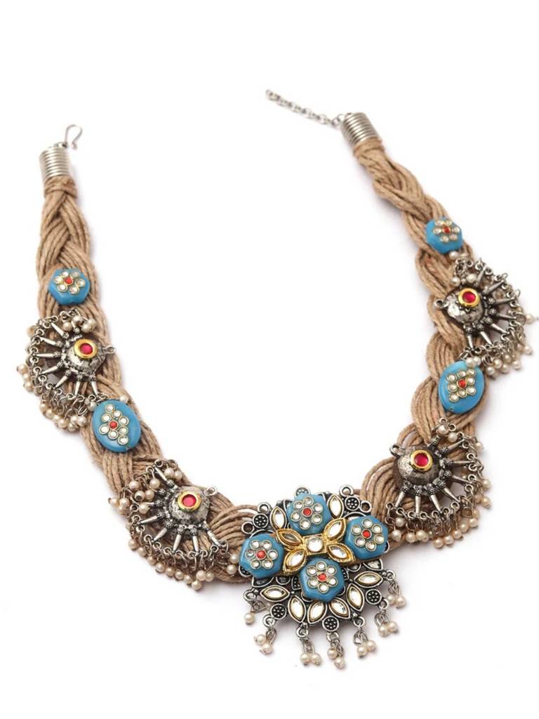 Germam Silver-Plated Kundan Studded Oxidised Necklace : VI24NK0033