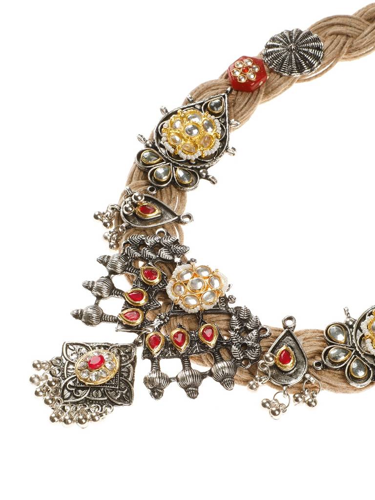 Silver-Plated Meenakari Work Antique Design Oxidised Bohemian Jute Necklace : VI24NK0014