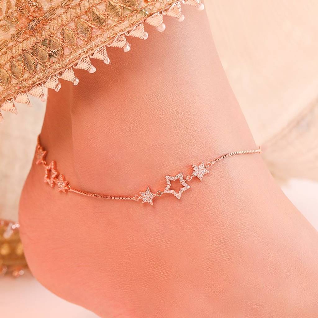 Star Cubic Zirconia Rose Gold Plated 925 Sterling Silver Anklet : ANK-60326-PAIR-RG