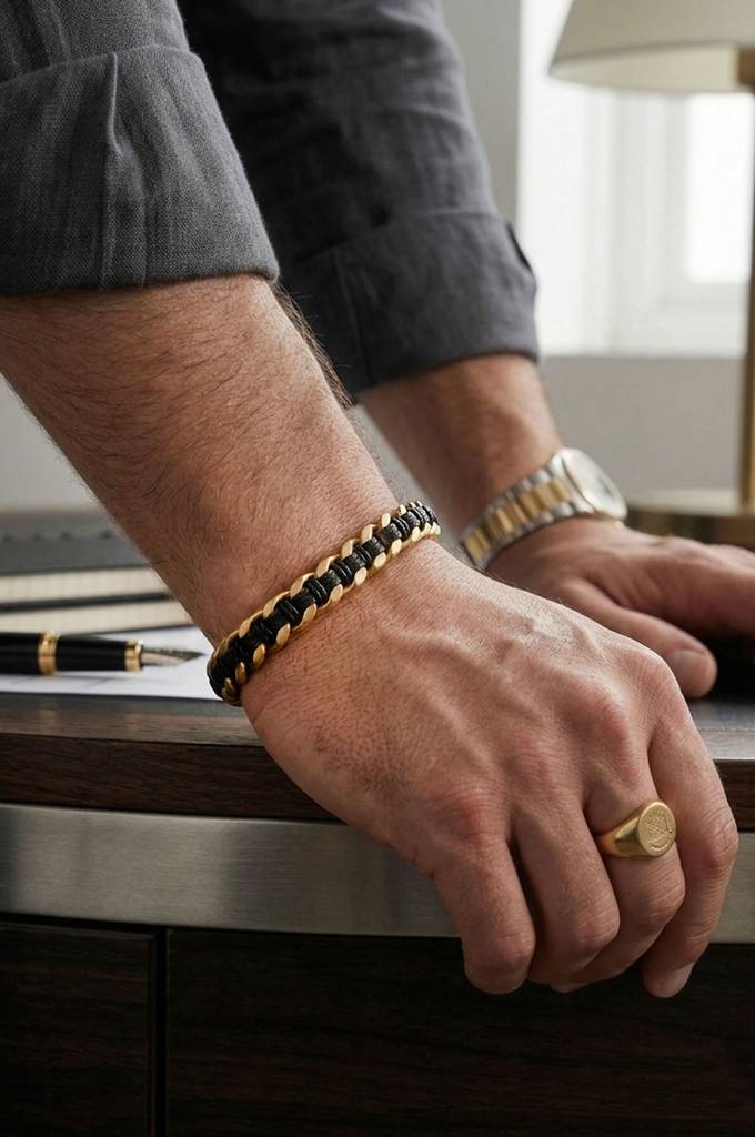Men'S Braided Black Leather & Gold Plated Cuban Link Stainless Steel Bracelet : MSYKBL5D005