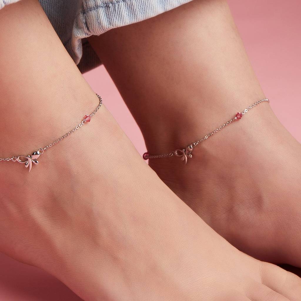 Butterfly With Studded Stone 925 Sterling Silver Anklets : ANK-60141-PAIR