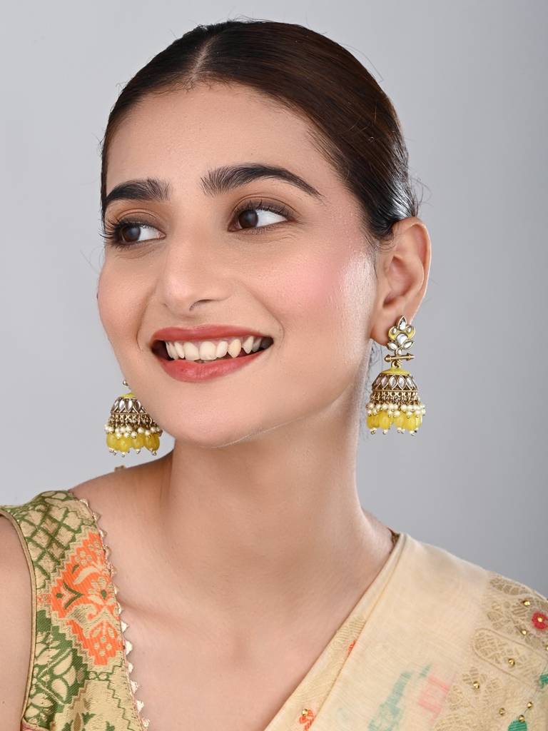 Gold Plated Kundan & Meenakari Jhumka Earrings : S24FAER411YLW